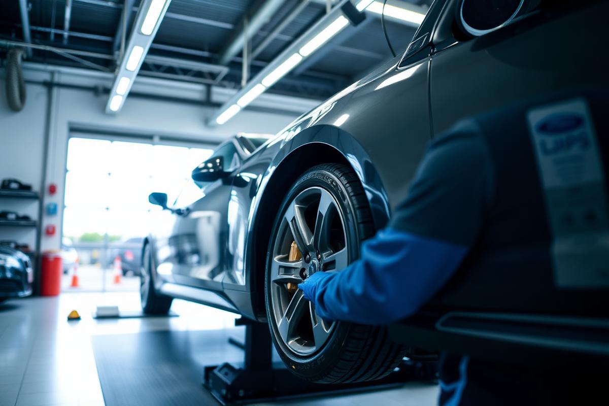 Technicians inspecting a trailer tyre